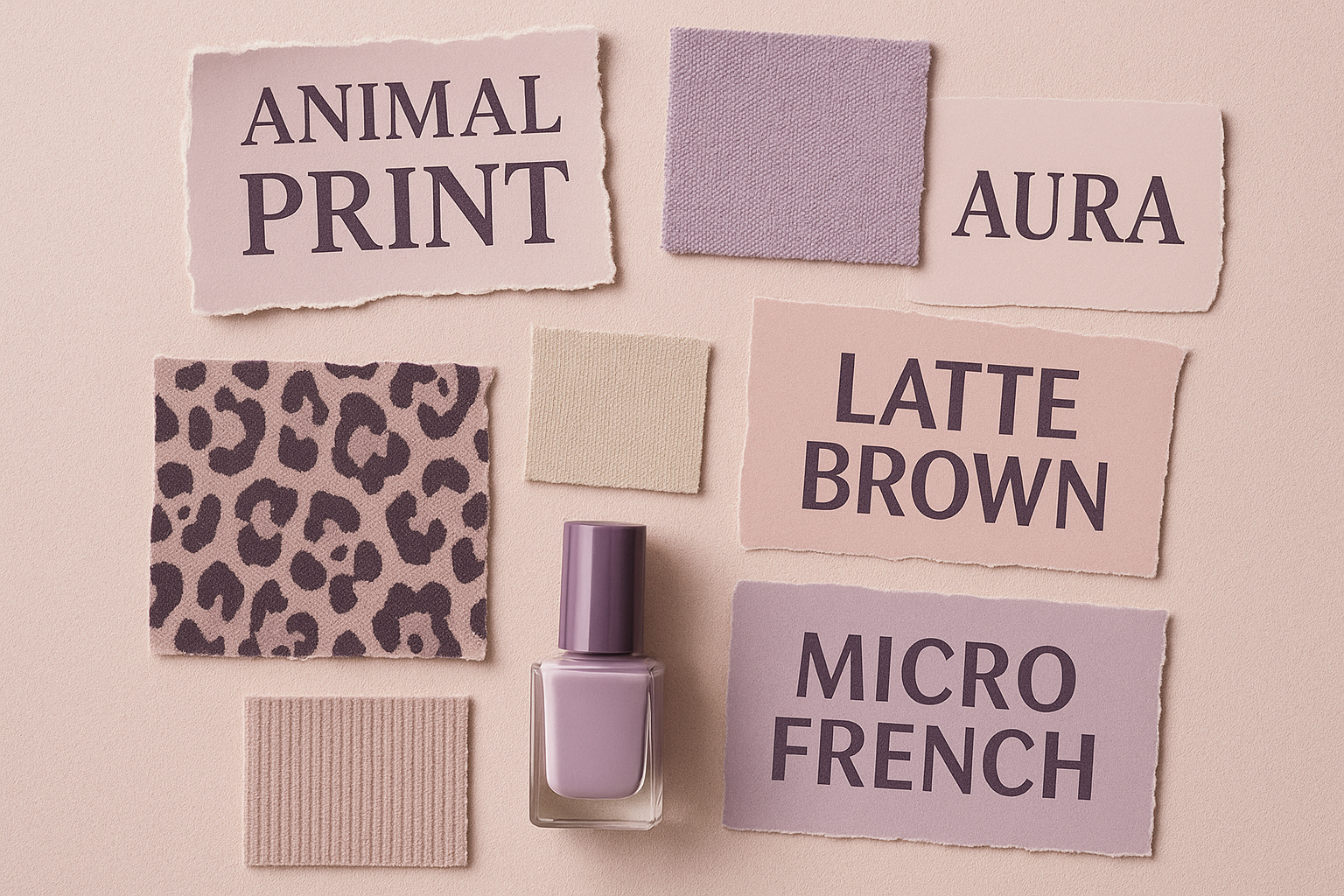 Abstract editorial illustration for: Fall 2026 Nail Trends: Animal Print, Aura, Latte Brown, Micro French